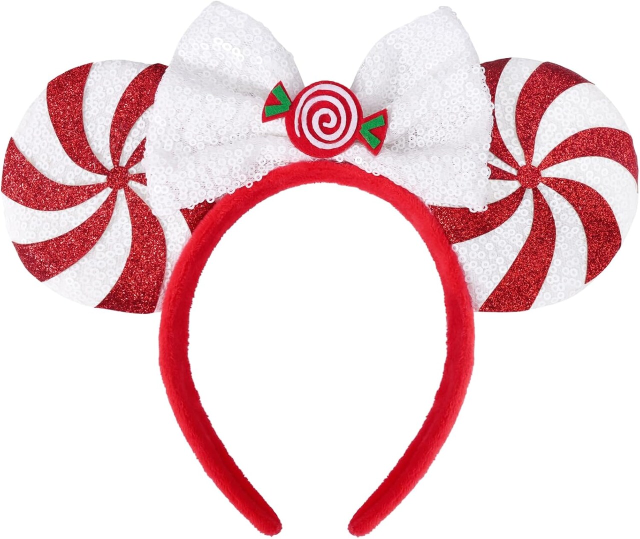 Christmas Ears for Women Adult Kids, Peppermint Candy White Red, Glitter Park Ears Christmas Headband for Christmas Party Gathering Cosplay Costumes Accessories